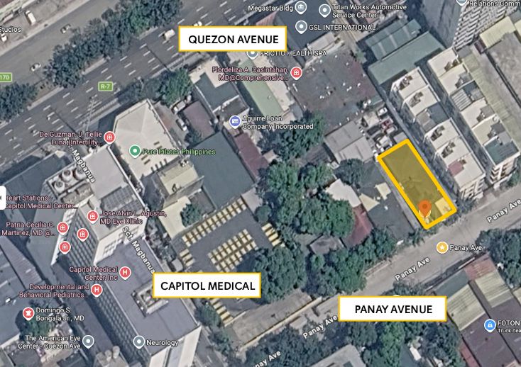 Annotated aerial map showing the Panay Avenue lot highlighted near Quezon Avenue and Capitol Medical Center in Diliman, Quezon City