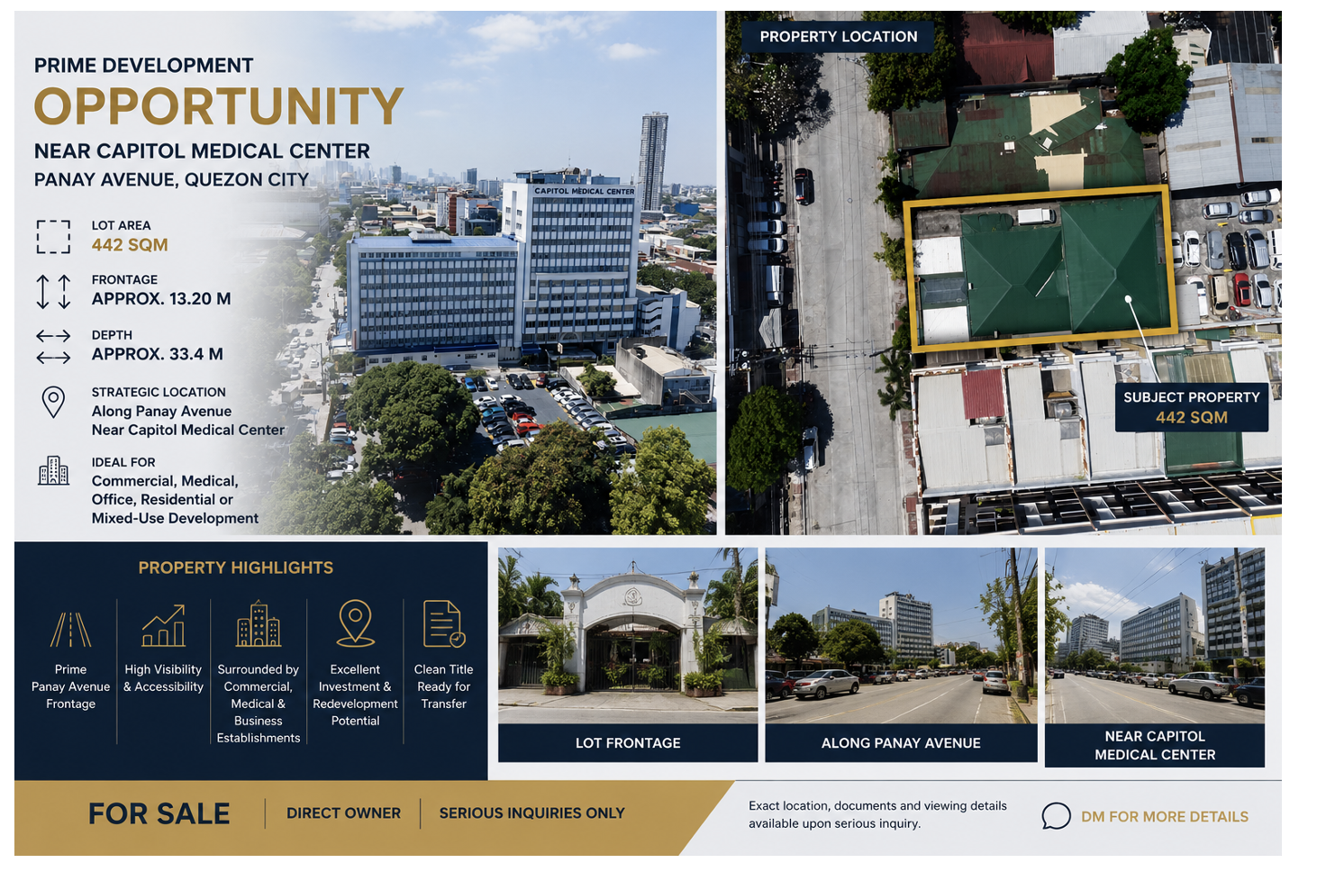 Property sheet showing Panay Avenue frontage, access gate and Capitol Medical Center surroundings
