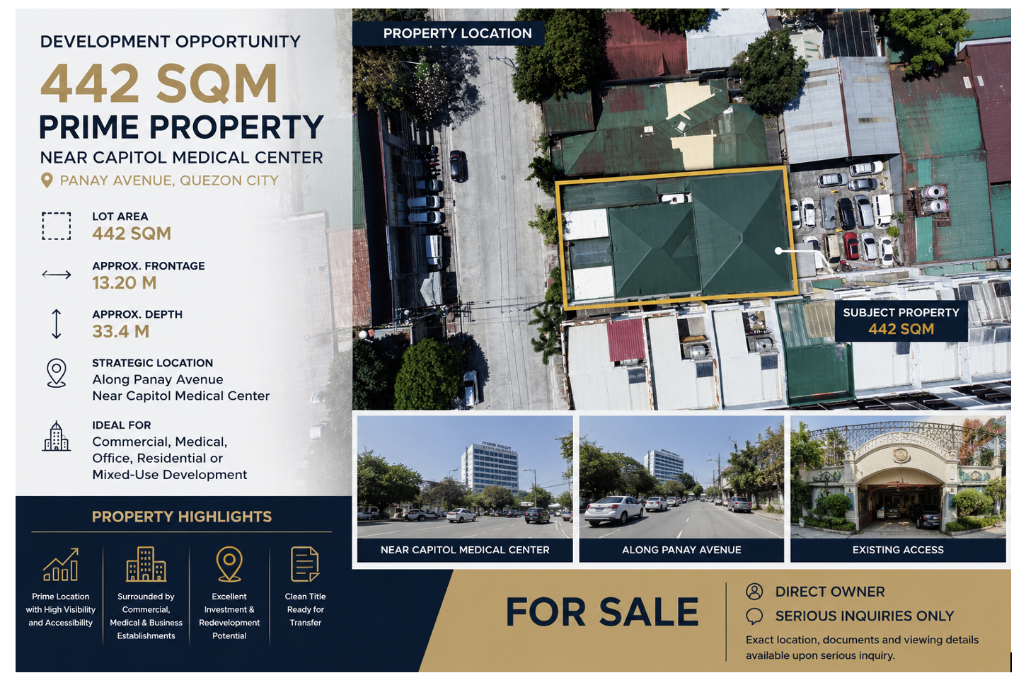 Property information sheet showing lot area, frontage, depth and aerial site location
